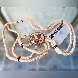 Vintage Rope Belt with Cloisonné Butterfly and Lotus Flower Buckle